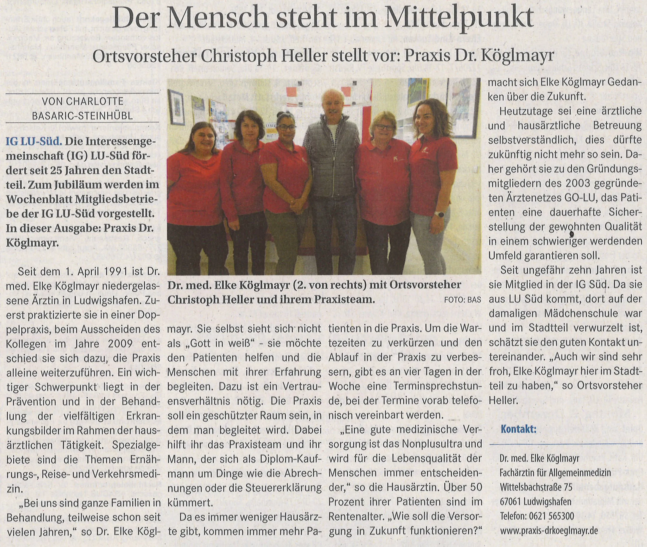 Zeitungsartikel „Der Mensch steht im Mittelpunkt“ aus dem Wochenblatt der Rheinpfalz
